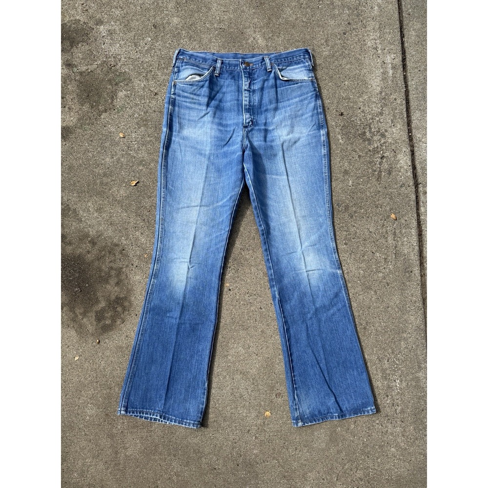 Vintage 70s 80s Wrangler Denim Jeans 945DEN Scovill Zip 34x33 Flared Bootcut